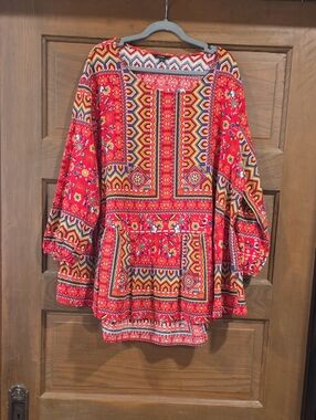 Vibrant Red Printed Boho Tunic Blouse